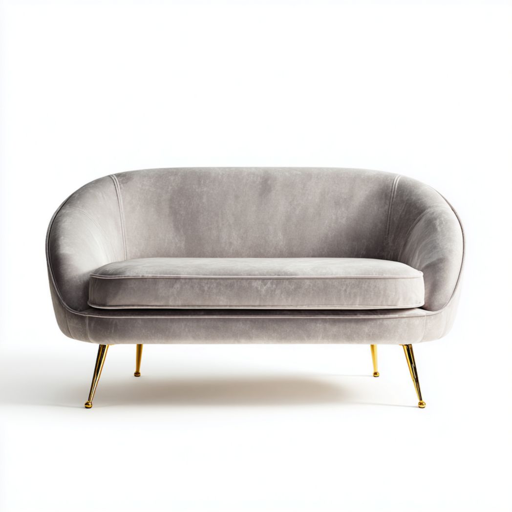 Canapé 2 places en velours gris clair, pieds métalliques dorés