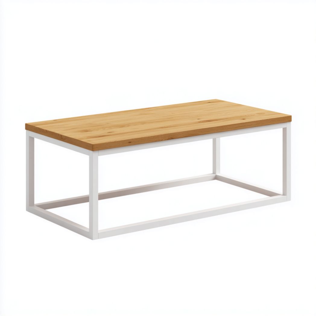 Table basse en bois brun clair avec structure en métal blanc