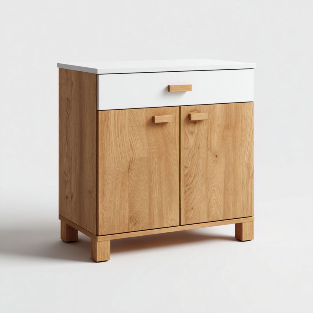 Meuble bas de cuisine bicolore, brun clair et blanc