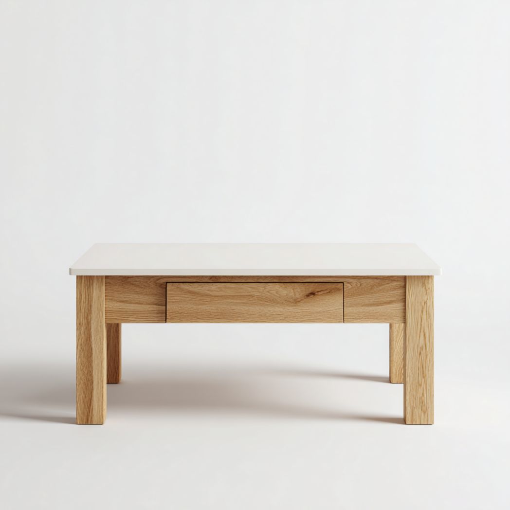 Table basse rectangulaire en bois avec plateau blanc et tiroir de rangement