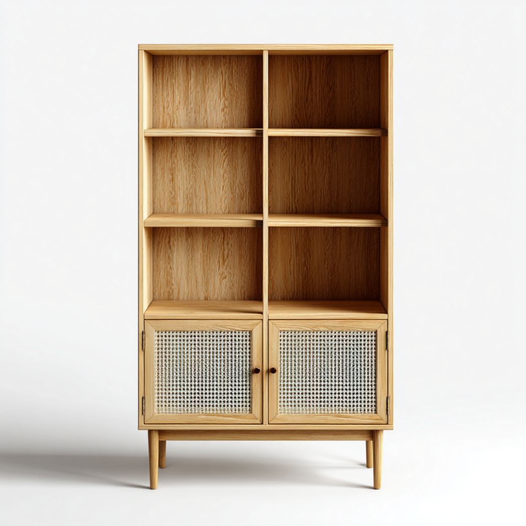 Bibliothèque à six compartiments avec portes en rotin couleur brun clair