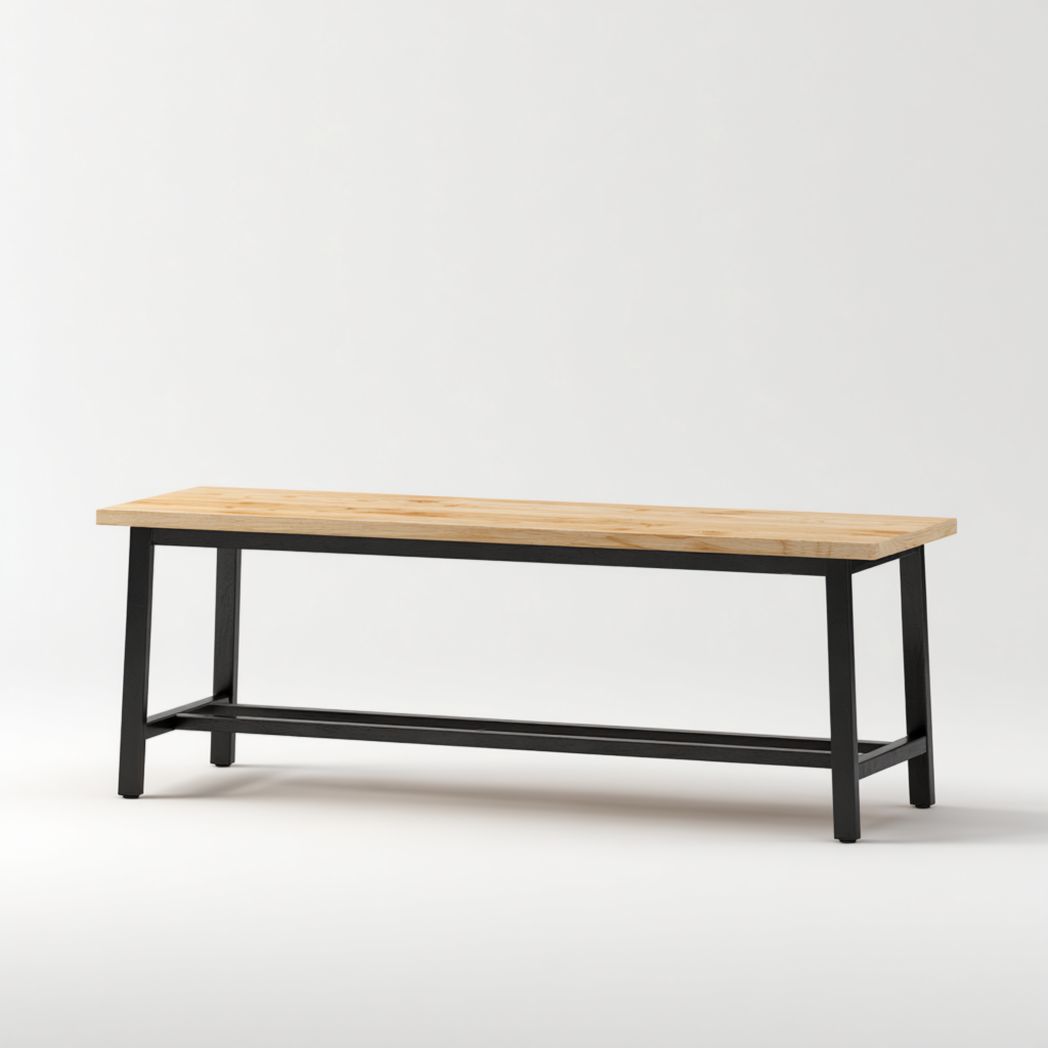 Banc avec assise en bois jaune clair et pieds en métal noir