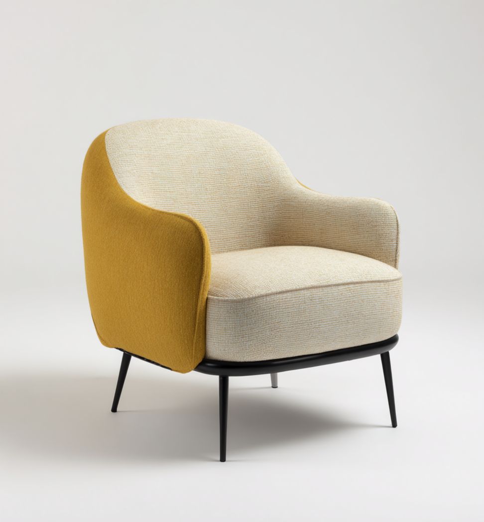 Fauteuil bicolore en tissu beige et jaune moutarde avec pieds en métal noir