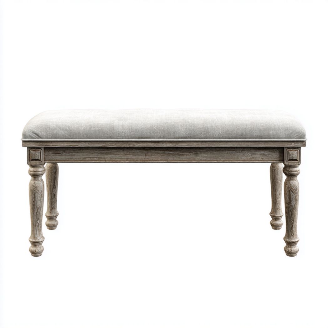Banc avec assise en tissu gris clair et structure en bois brun grisâtre