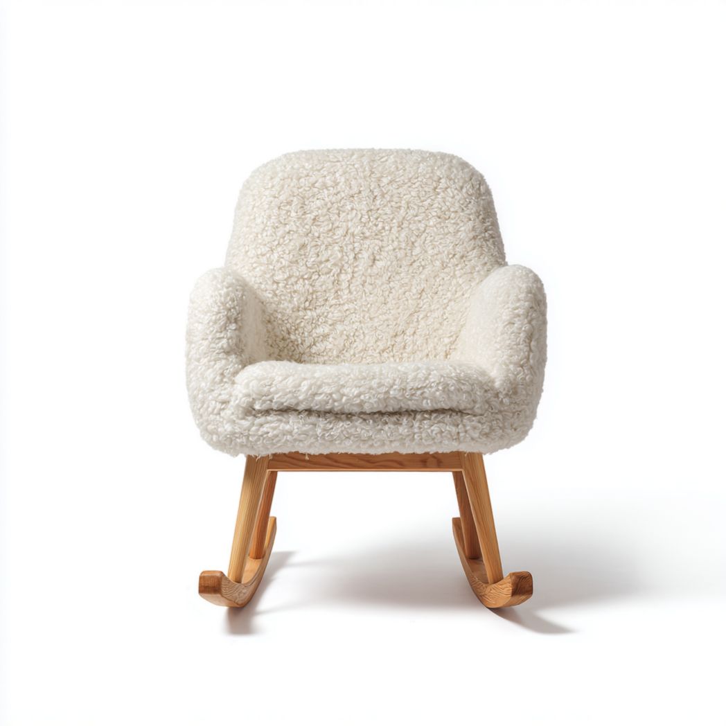 Fauteuil à bascule en tissu bouclette ivoire avec structure en bois