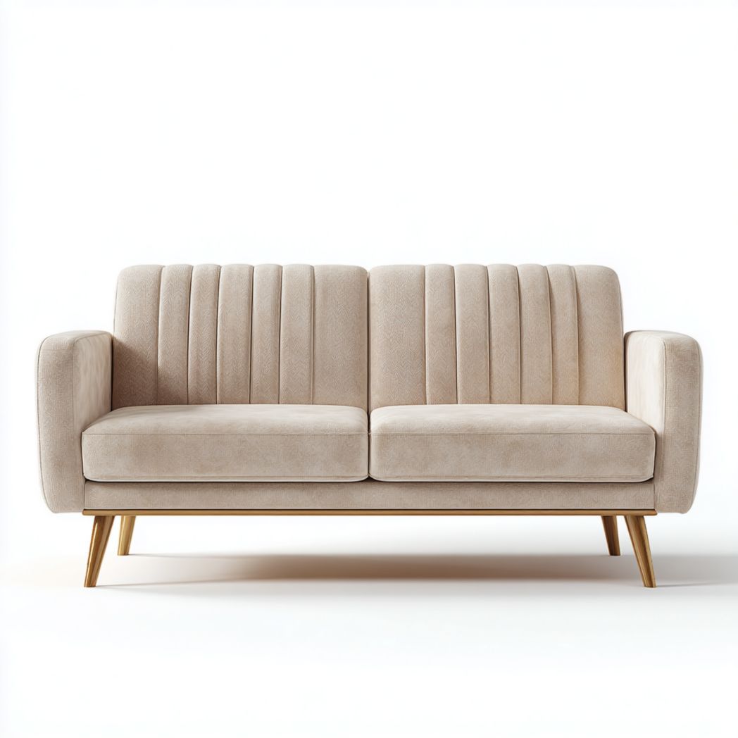 Canapé 2 places en velours beige à dossier capitonné vertical, pieds métalliques dorés