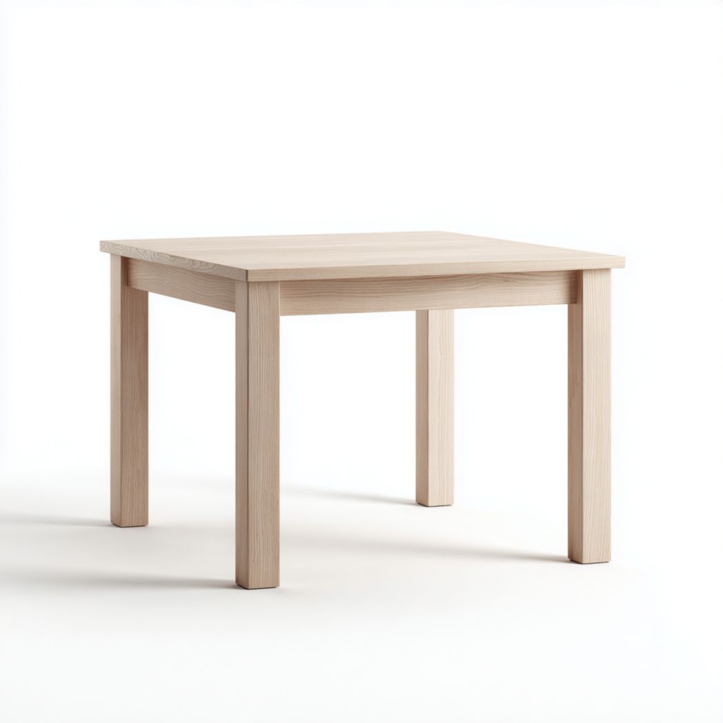 Table à manger carrée en bois massif beige clair avec pieds à angle droit.