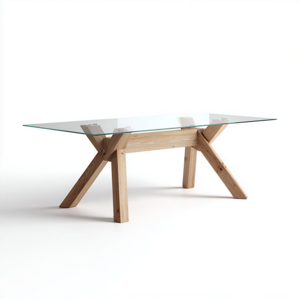 Table à manger en bois massif avec plateau en verre transparent