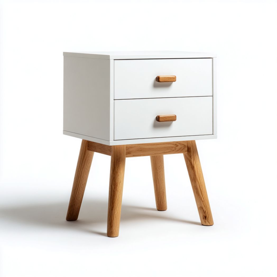 Table de chevet blanche à deux tiroirs avec pieds et poignées brun clair