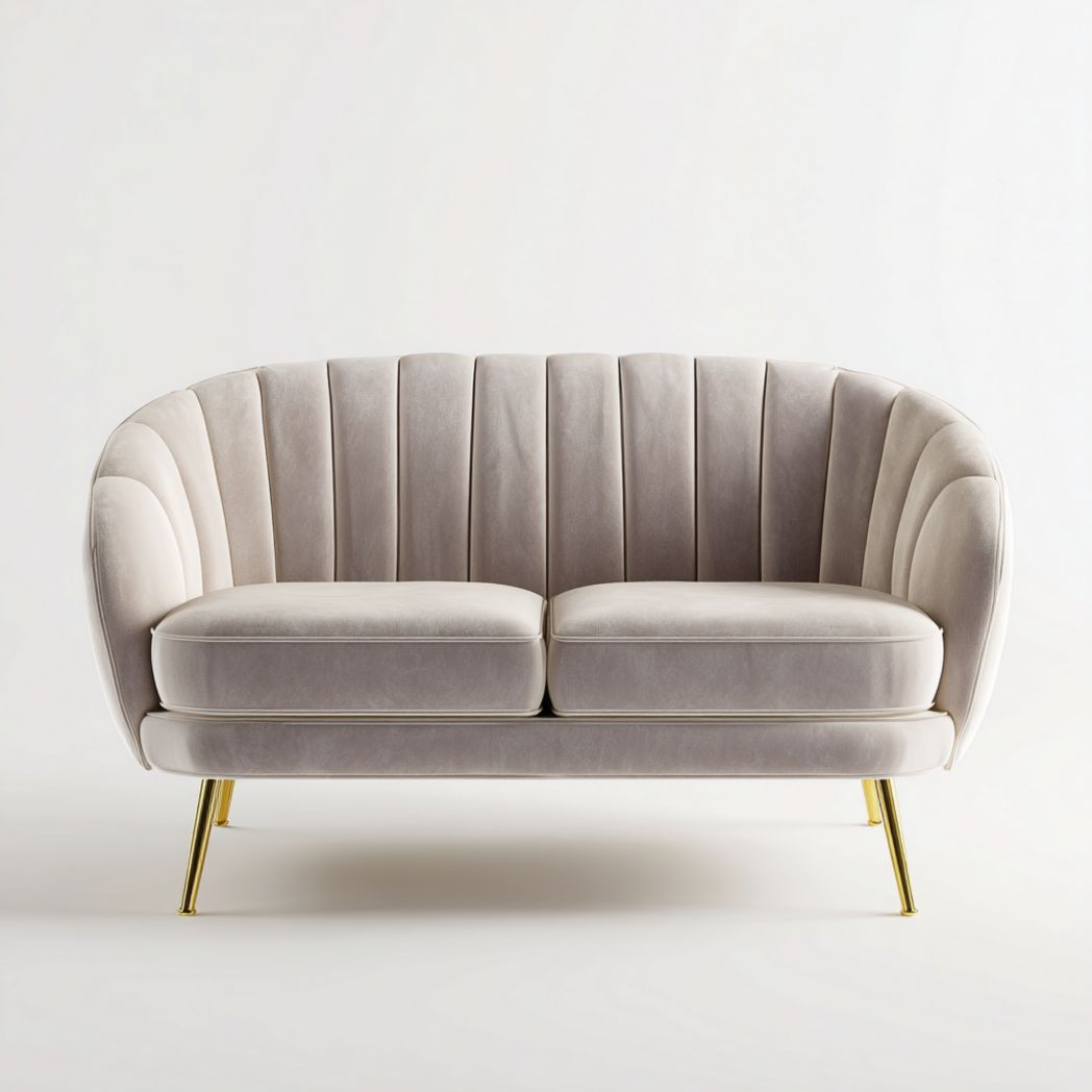 Canapé 2 places en velours gris beige clair, pieds métalliques dorés