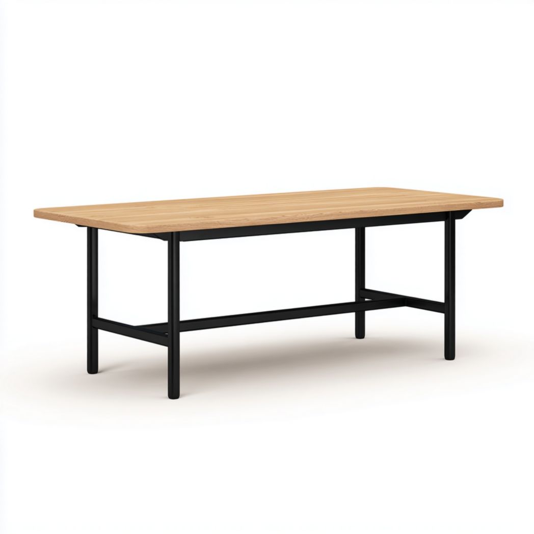 Table à manger rectangulaire avec plateau en bois brun clair et cadre métallique noir