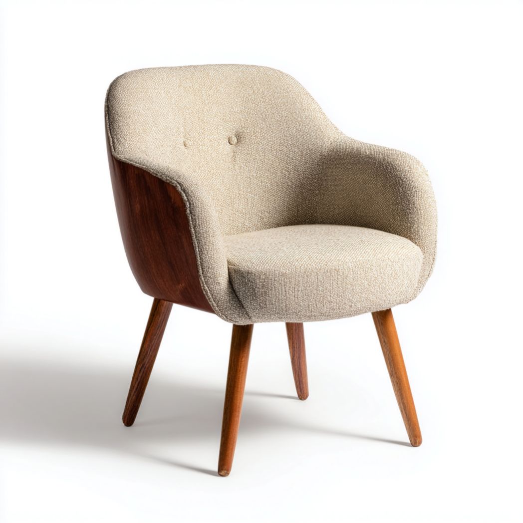 Fauteuil en tissu mélangé laine beige avec cadre en bois brun rouge