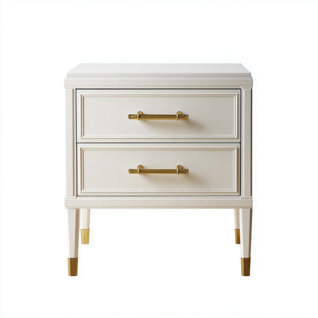 Table de chevet blanc cassé et doré à deux tiroirs