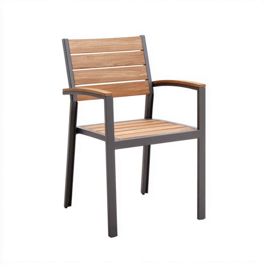 Fauteuil de jardin en métal et bois brun clair à structure gris foncé