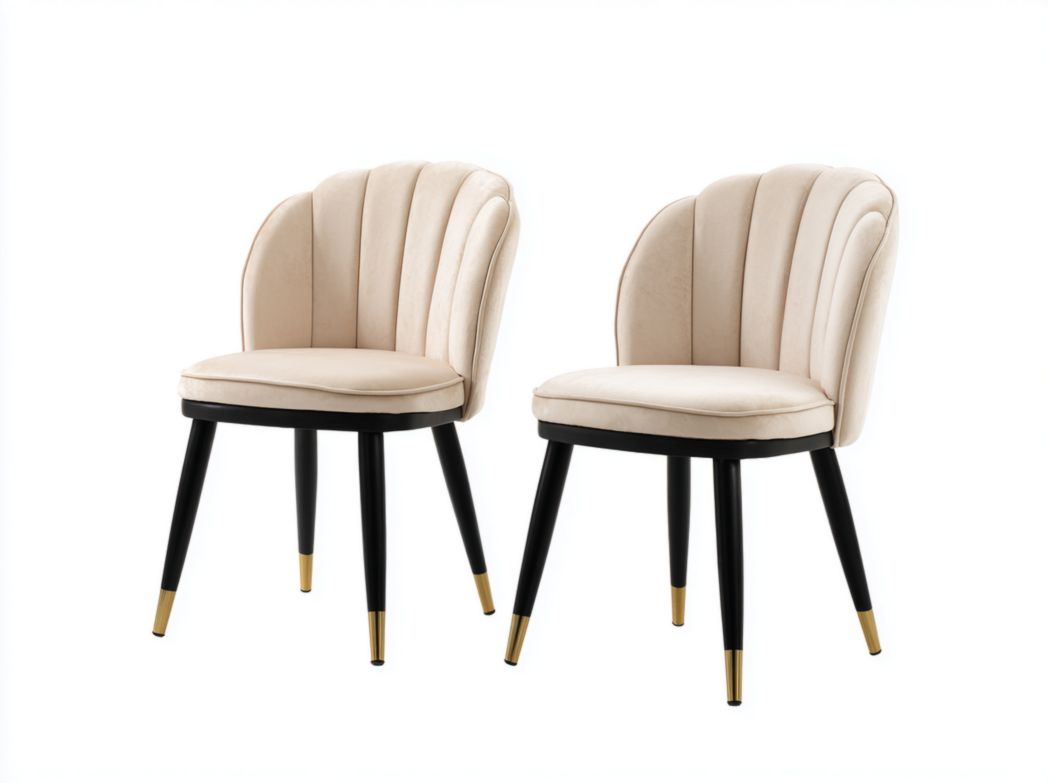 Lot de 2 chaises de salle à manger en velours beige clair avec pieds noirs et embouts dorés