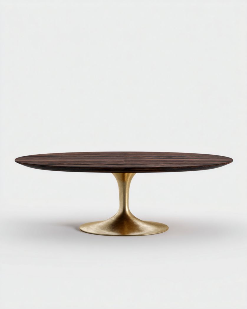 Table à manger ronde avec plateau brun foncé et base dorée