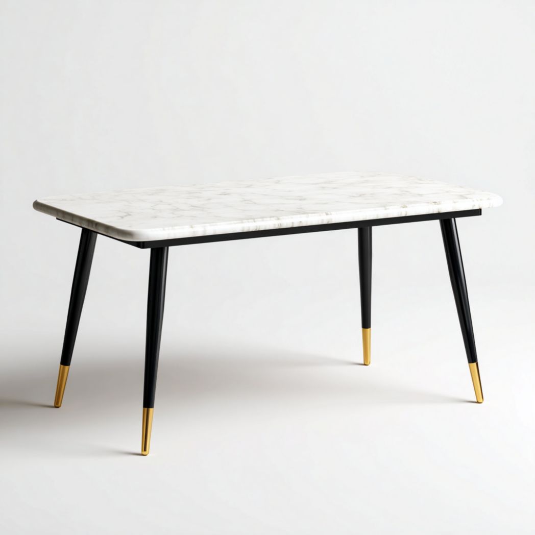 Table à manger rectangulaire en marbre blanc avec pieds noirs et embouts dorés