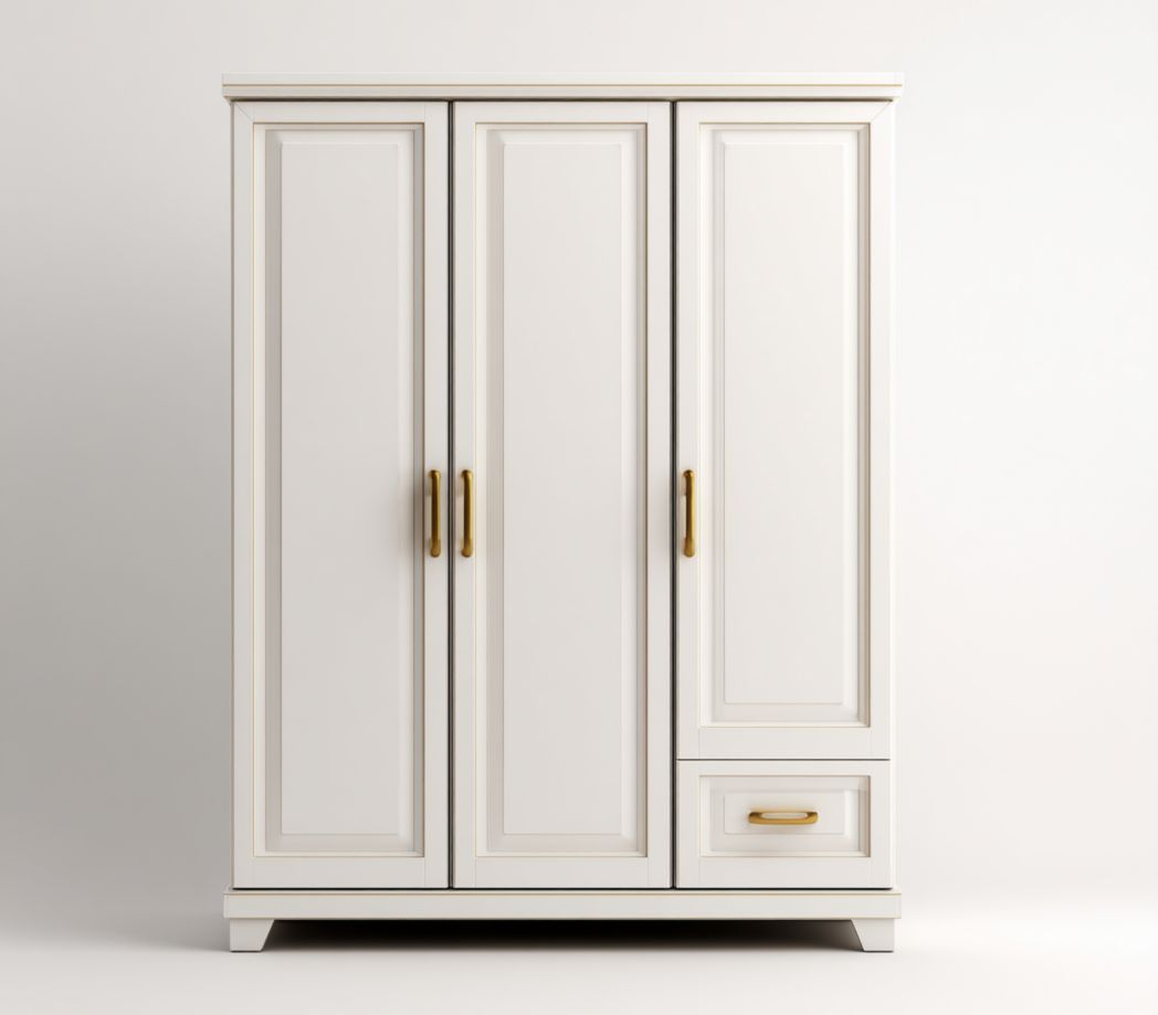 Armoire penderie blanche à trois portes avec tiroir et poignées dorées