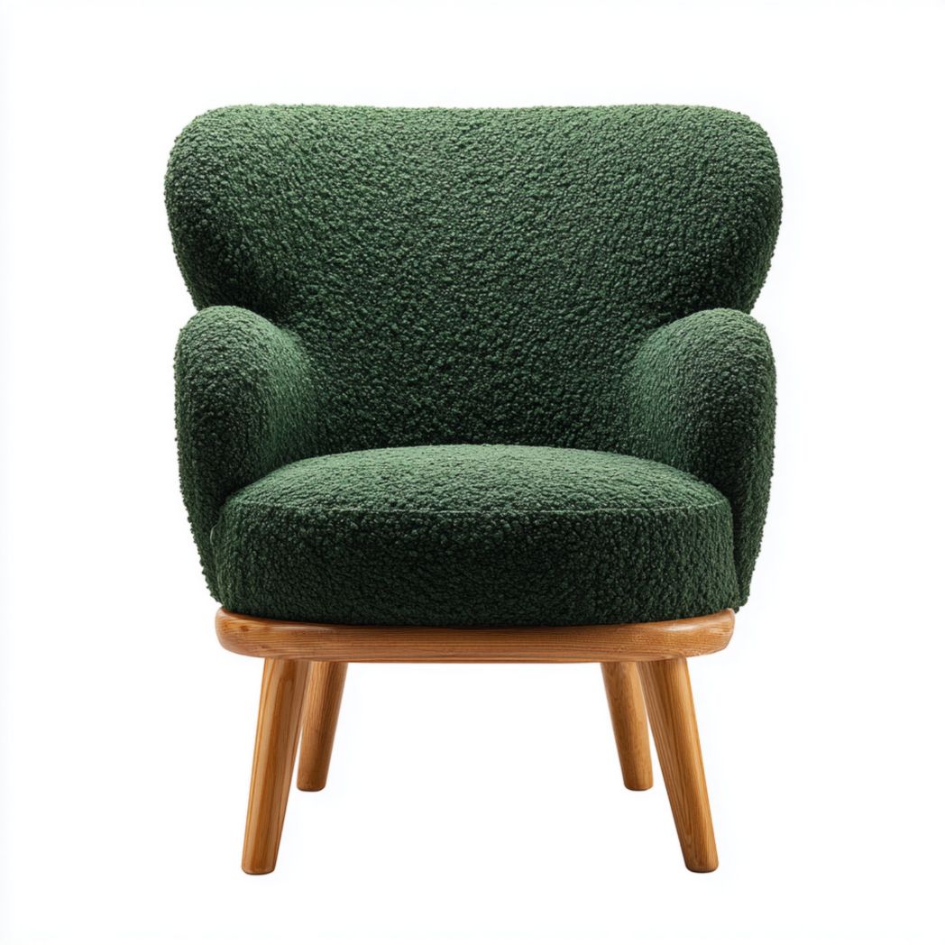 Fauteuil en tissu bouclette vert foncé avec pieds en bois brun clair