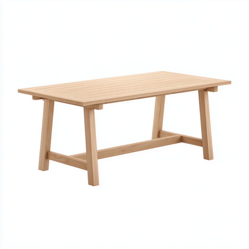 Table de jardin rectangulaire en bois brun clair plateau à lattes pieds inclinés