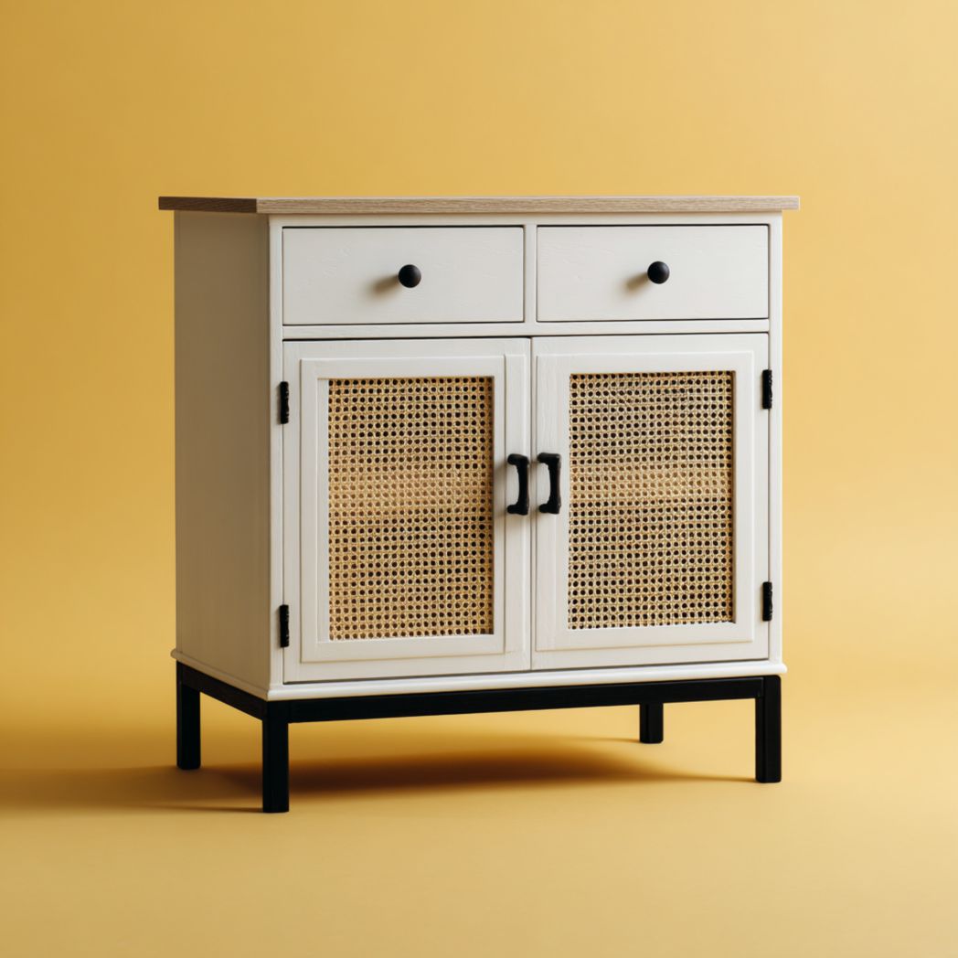 Commode à deux tiroirs beige et blanc cassé