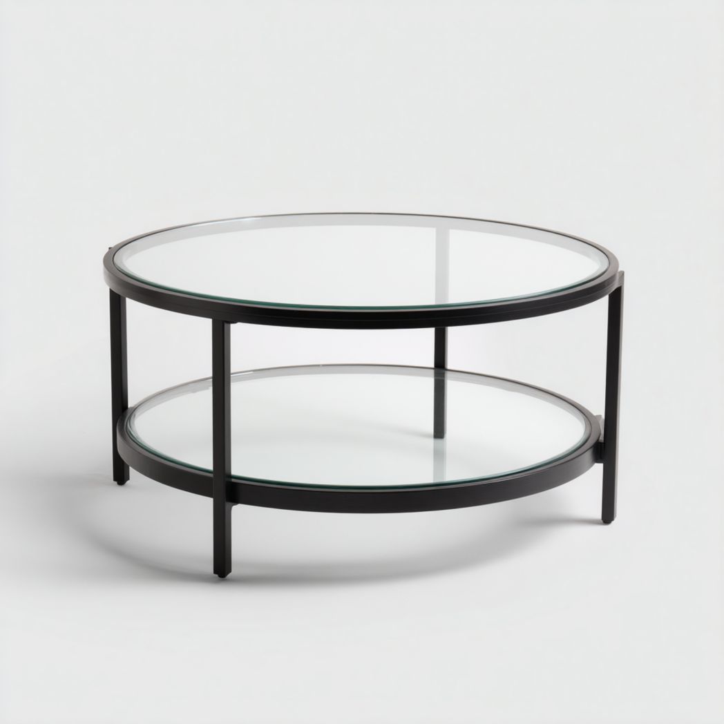 Table basse ronde à deux plateaux en verre et structure en métal noir