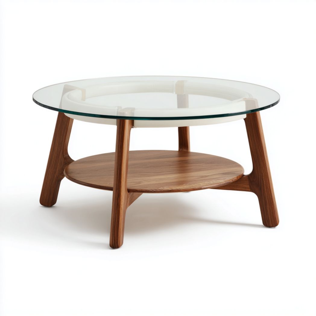 Table basse ronde en bois brun foncé avec plateau en verre transparent