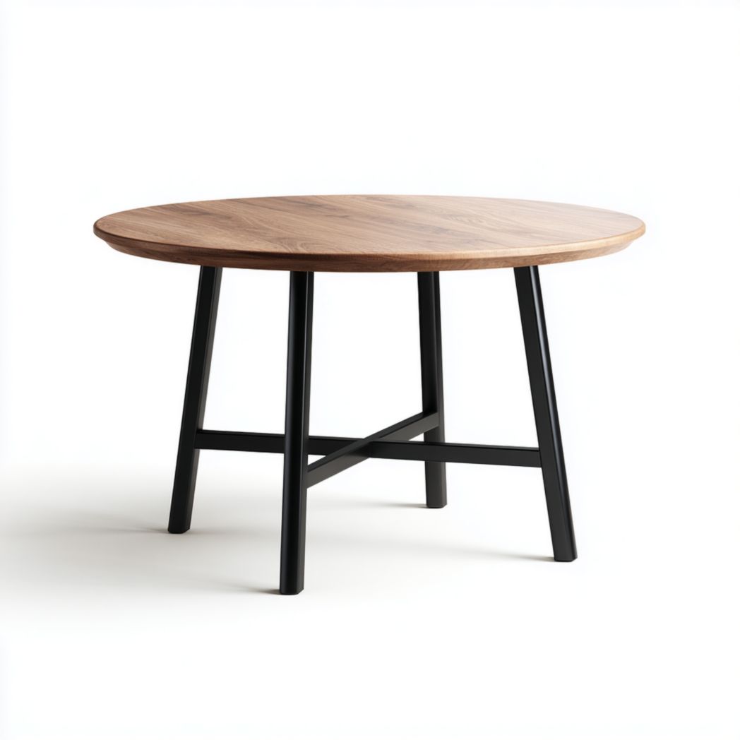 Table à manger ronde avec plateau brun foncé et base en métal noir