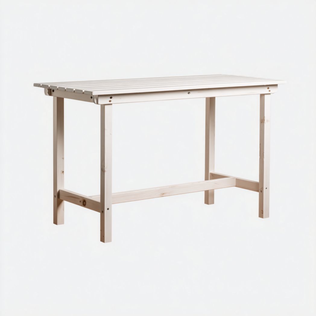 Table de jardin rectangulaire en bois blanc cassé plateau à lattes,structure avec barre transversale