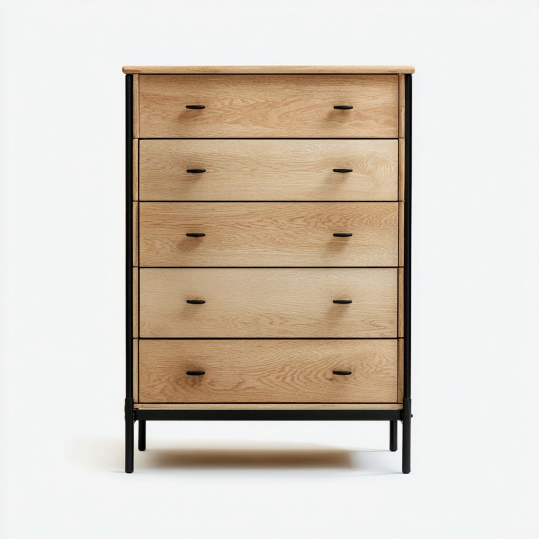 Commode à cinq tiroirs couleur brun clair et noir