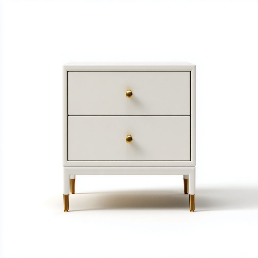 Table de chevet blanche à deux tiroirs avec détails dorés