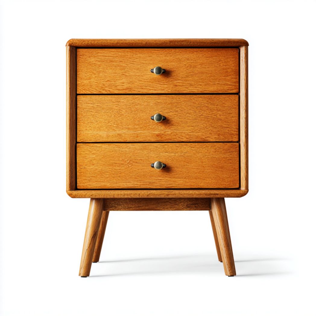 Table de chevet en bois massif brun clair à trois tiroirs avec poignées en métal noir