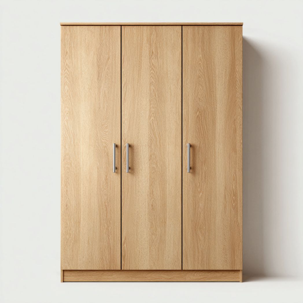 Armoire penderie trois portes couleur brun clair avec poignées argentées