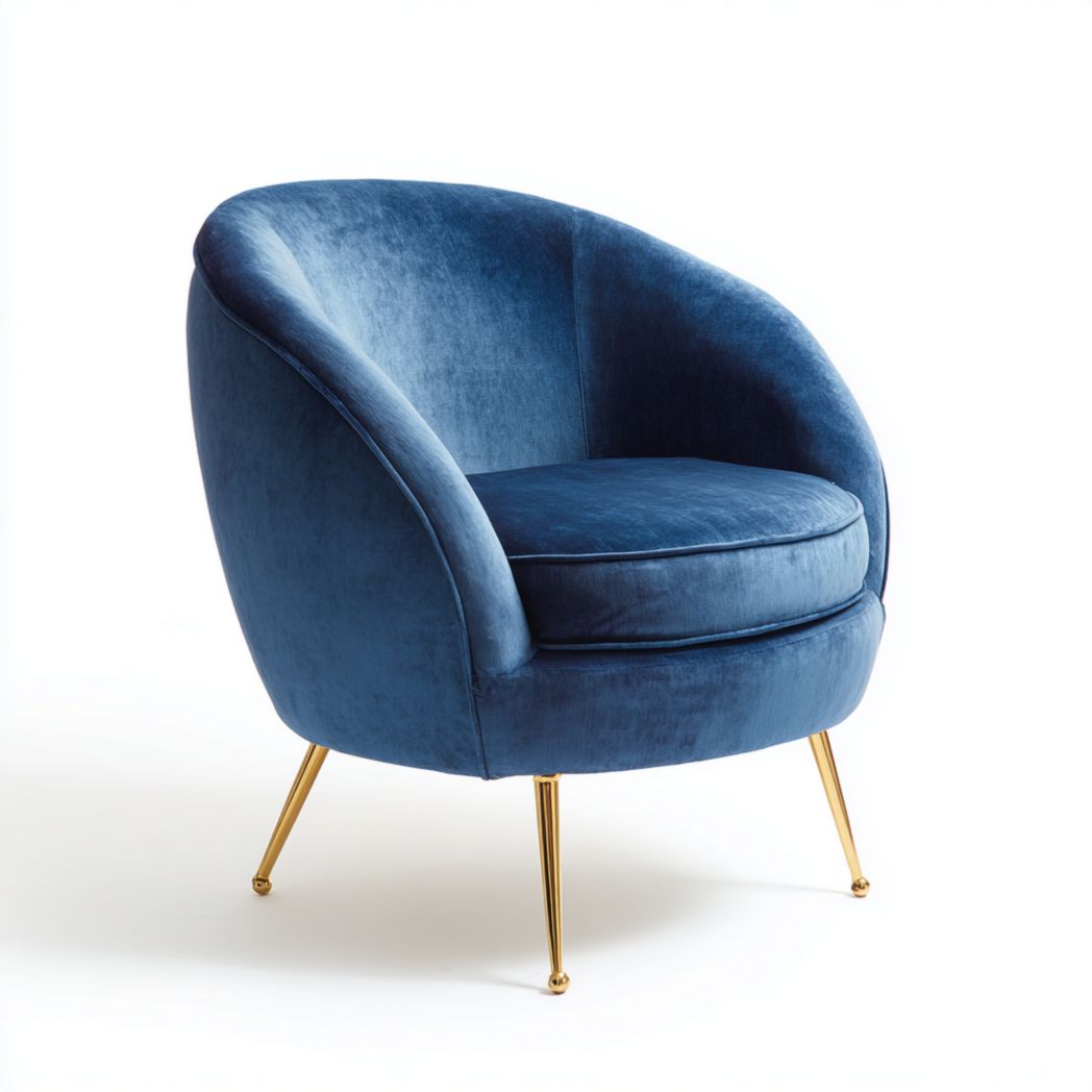 Fauteuil en velours bleu avec pieds en métal doré