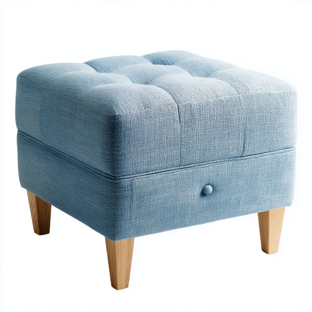 Tabouret carré tissu bleu ciel avec pieds en bois brun clair