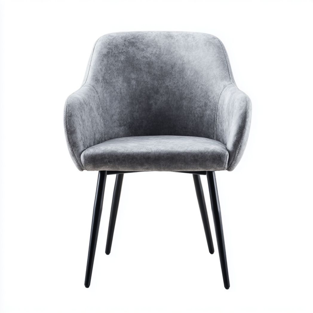 Chaise à manger en velours gris avec accoudoirs et pieds noirs