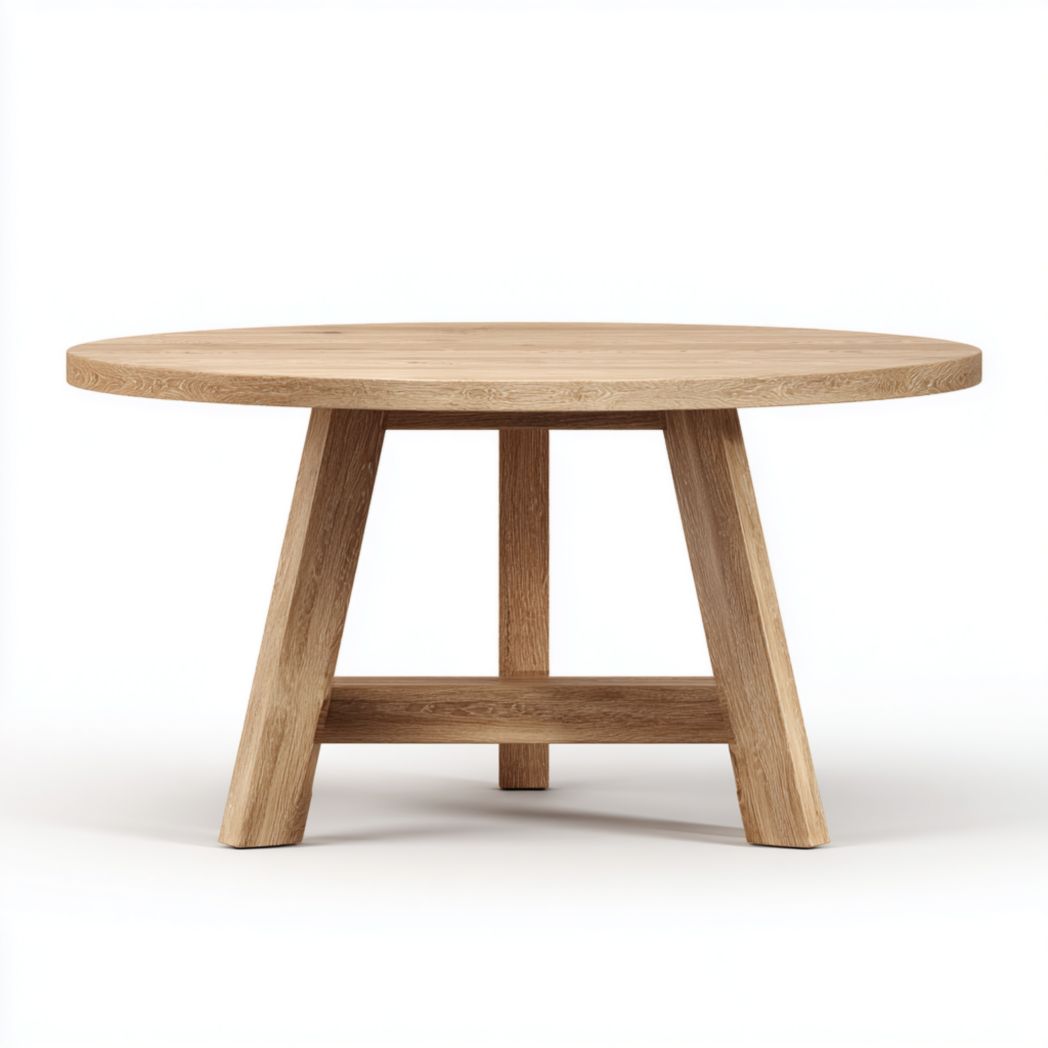 Table basse ronde marron clair avec base triangulaire