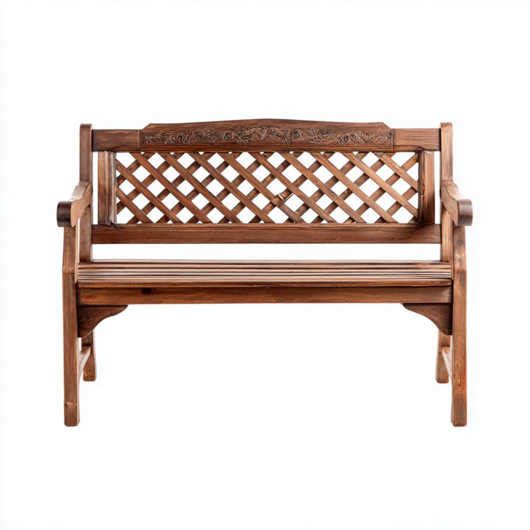 Banc de jardin en bois brun, dossier à motif losange et bord supérieur sculpté