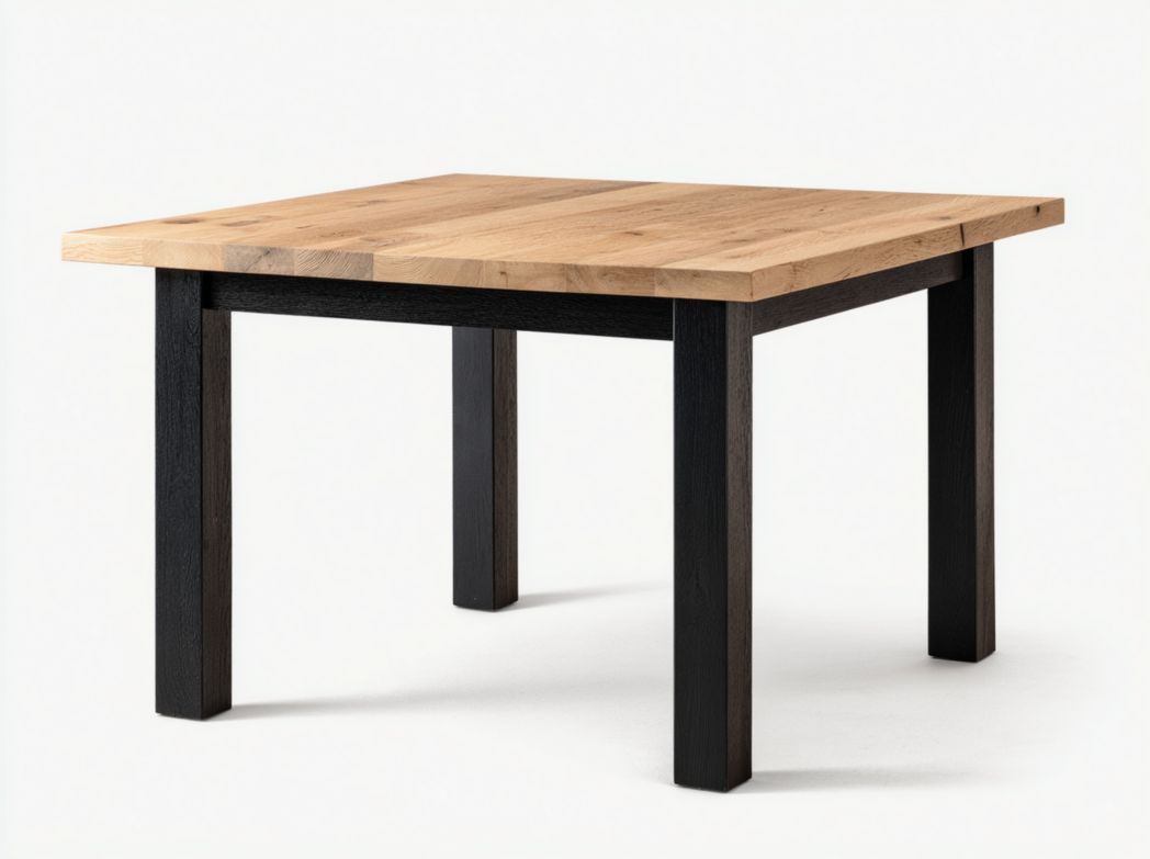 Table à manger carrée plateau brun clair et pieds métalliques noirs