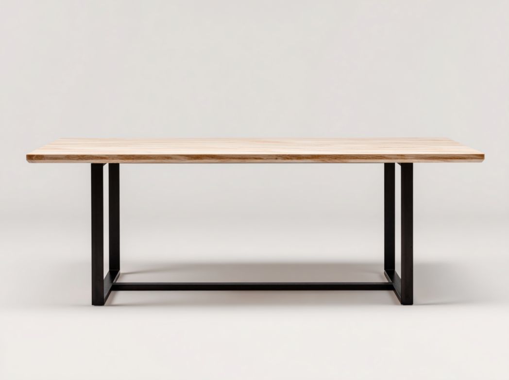 Table à manger rectangulaire en panneau MDF plaqué chêne avec structure en acier noir