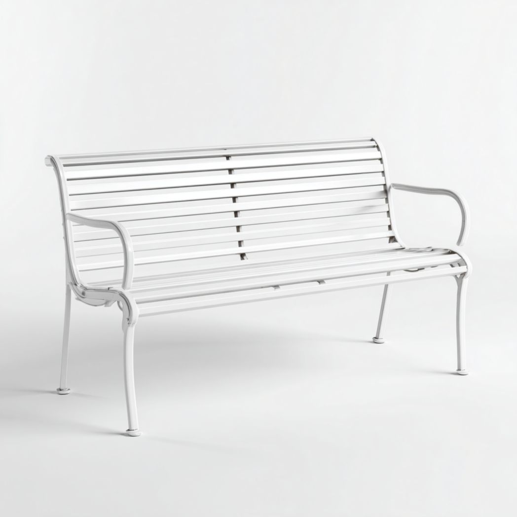 Banc de jardin en métal blanc, dossier à lattes horizontales et accoudoirs courbés
