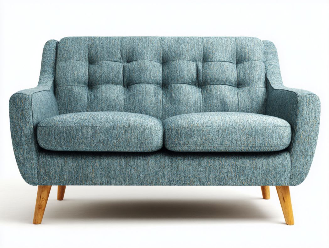 Canapé 2 places tissu polyester bleu-vert avec pieds brun clair