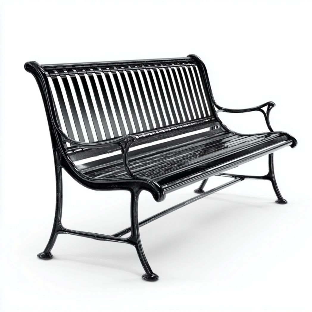 Banc de jardin en métal noir, dossier à lattes verticales et accoudoirs courbés