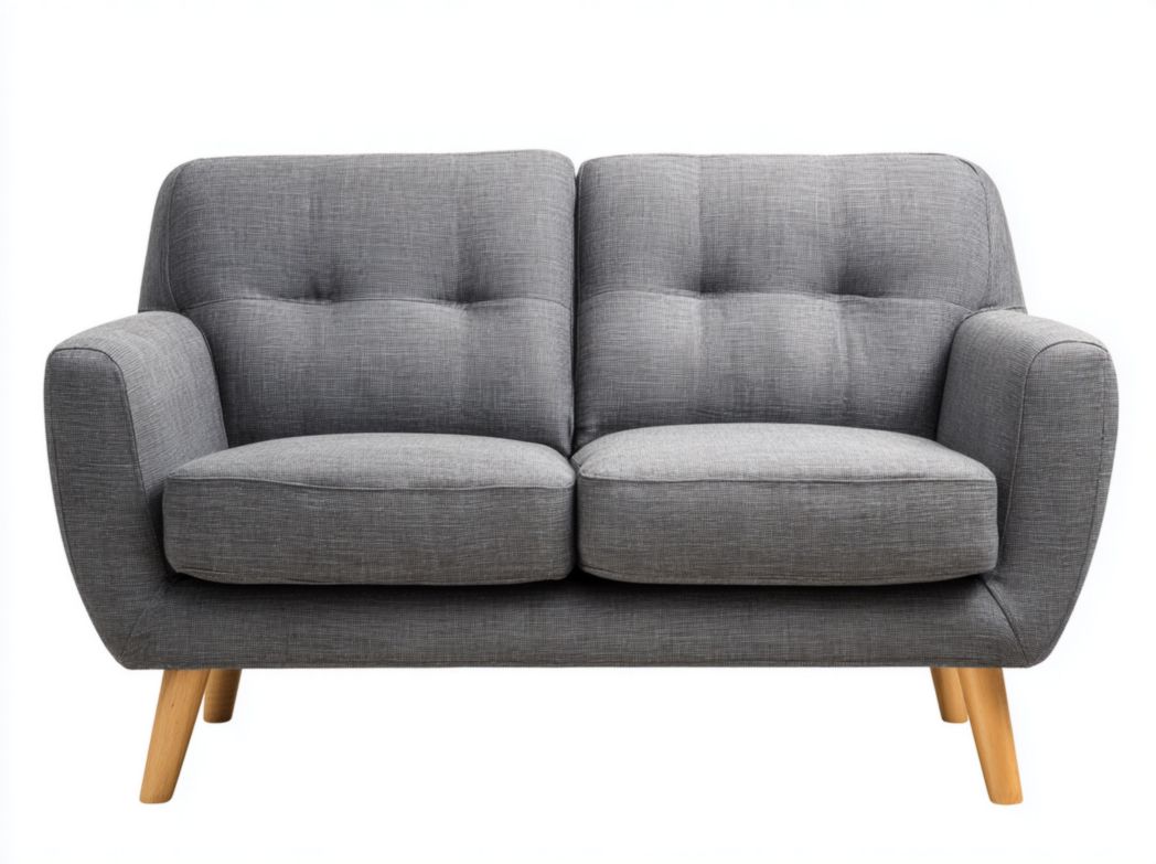 Canapé 2 places tissu polyester gris avec pieds en bois brun clair,dossier capitonné