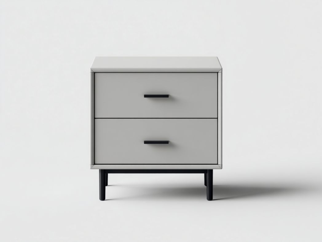 Table de chevet grise en MDF et métal avec deux tiroirs et poignées noires