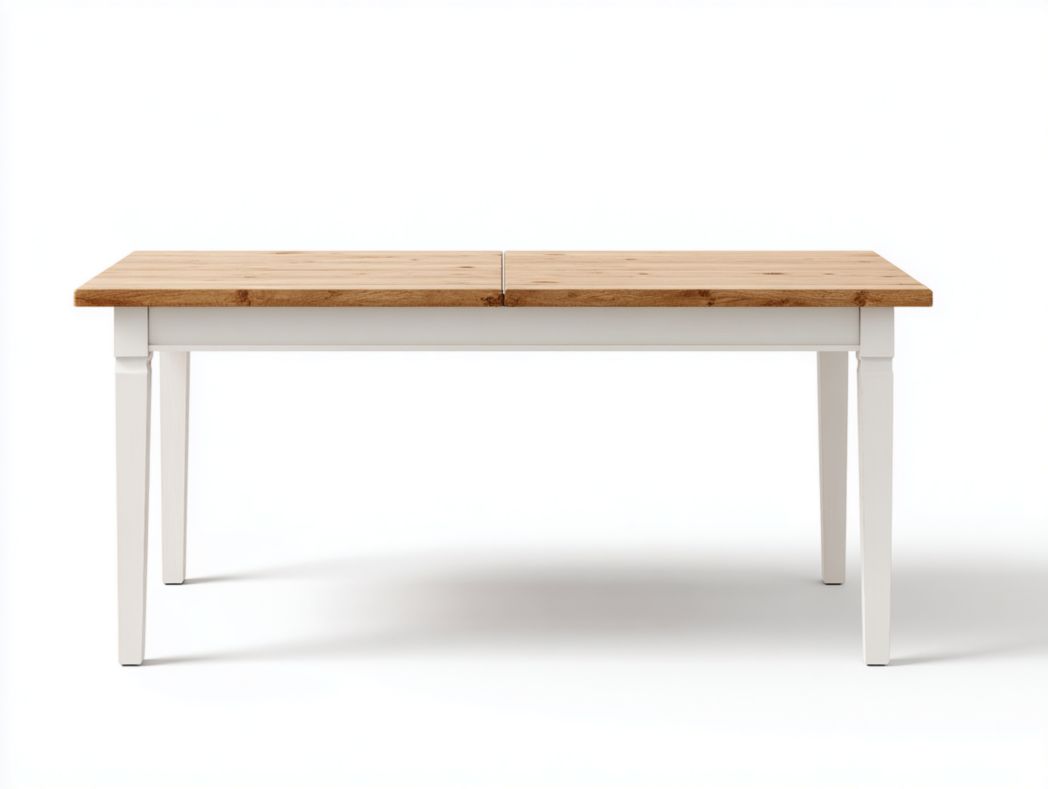 Table à manger extensible rectangulaire plateau brun clair et pieds en bois blancs