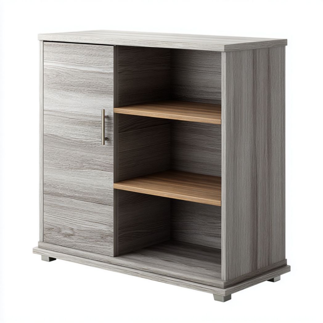 Meuble à chaussures 1 porte gris avec étagères brun moyen et poignée argentée