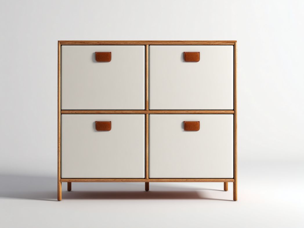 Meuble à chaussures 4 tiroirs beige avec poignées en cuir marron clair