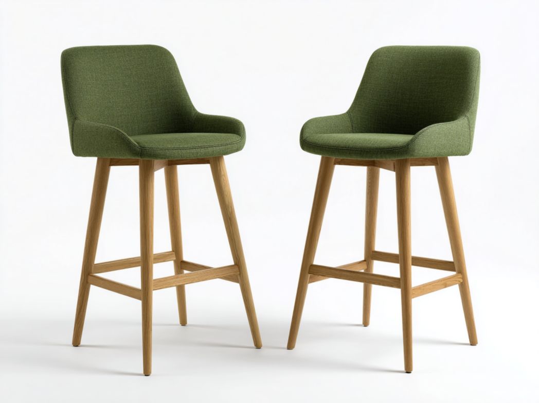 Lot de 2 tabourets de bar tissu texturé vert pieds en bois brun clair