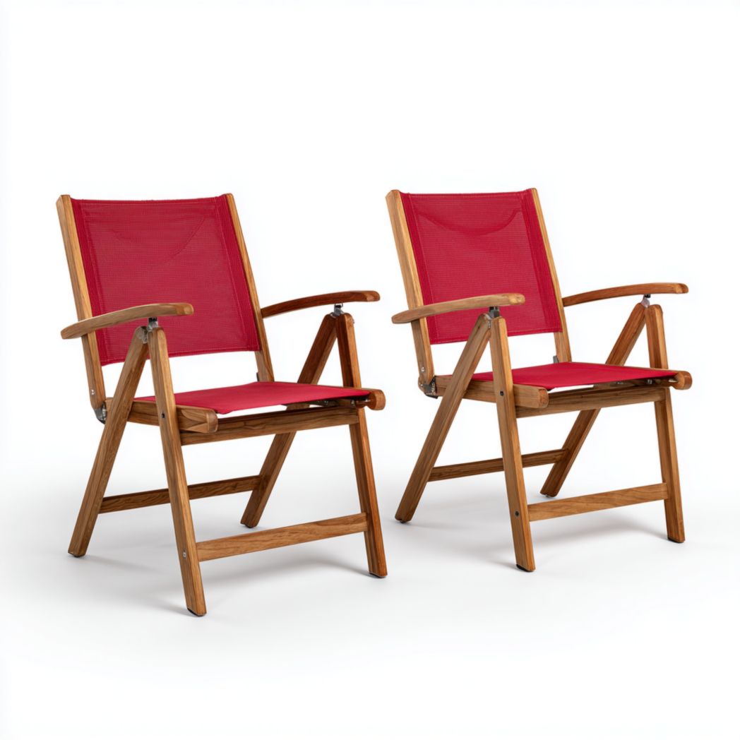 Lot de 2 chaises de jardin en bois brun clair avec toile rouge